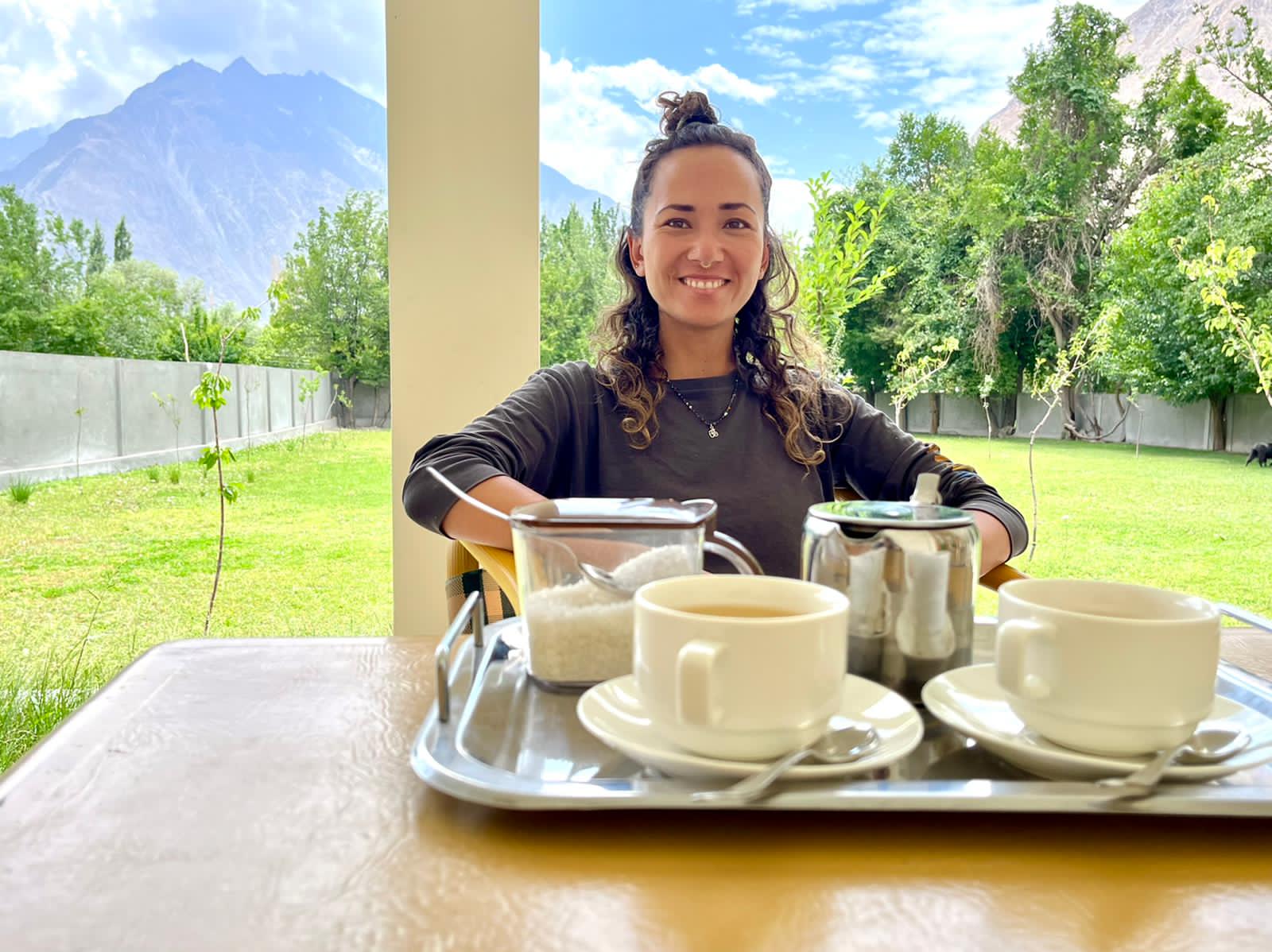 Morning tea served on Chinaarhouse veranda facing mountains